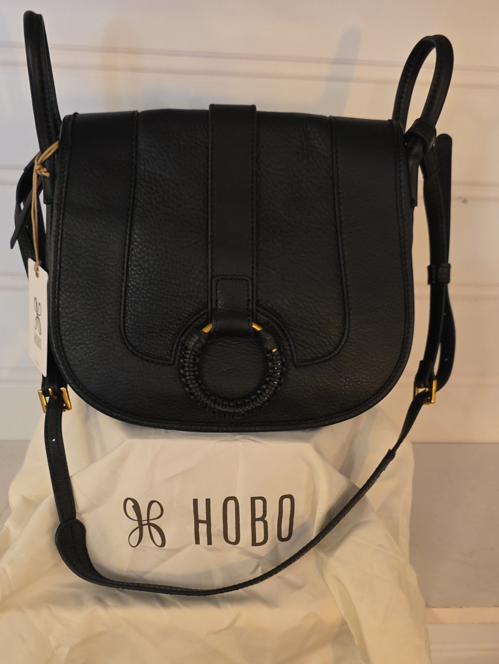 HOBO KIVA Black Leather Crossbody Bag with Braided Ring Accent